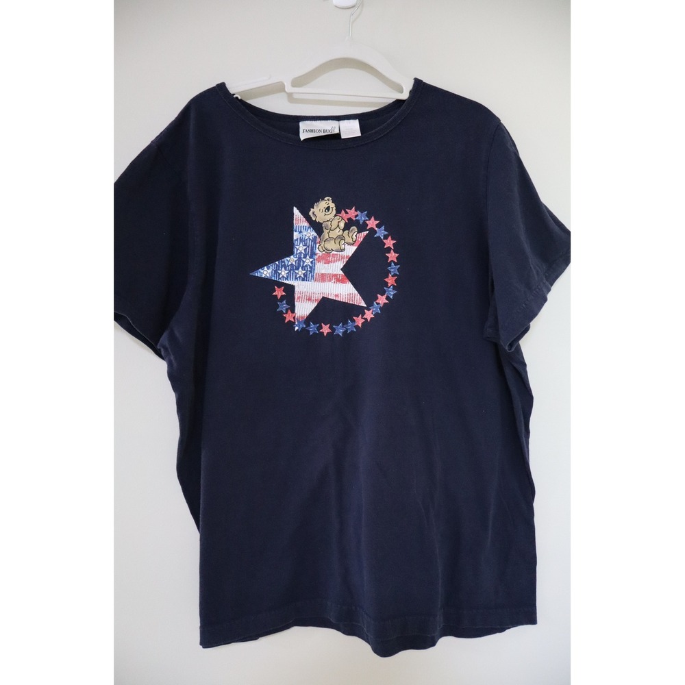 Patriotic Americana Fashion Bug Graphic T-Shirt 1X Navy Blue Teddy Bear Star